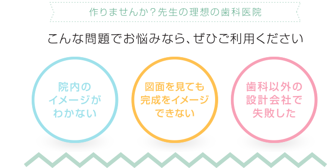 こんな問題でお悩みなら、ぜひご利用ください  (1)何から始めればいいのかわからない (2)図面を見ても完成をイメージできない (3)歯科以外の設計会社で失敗した